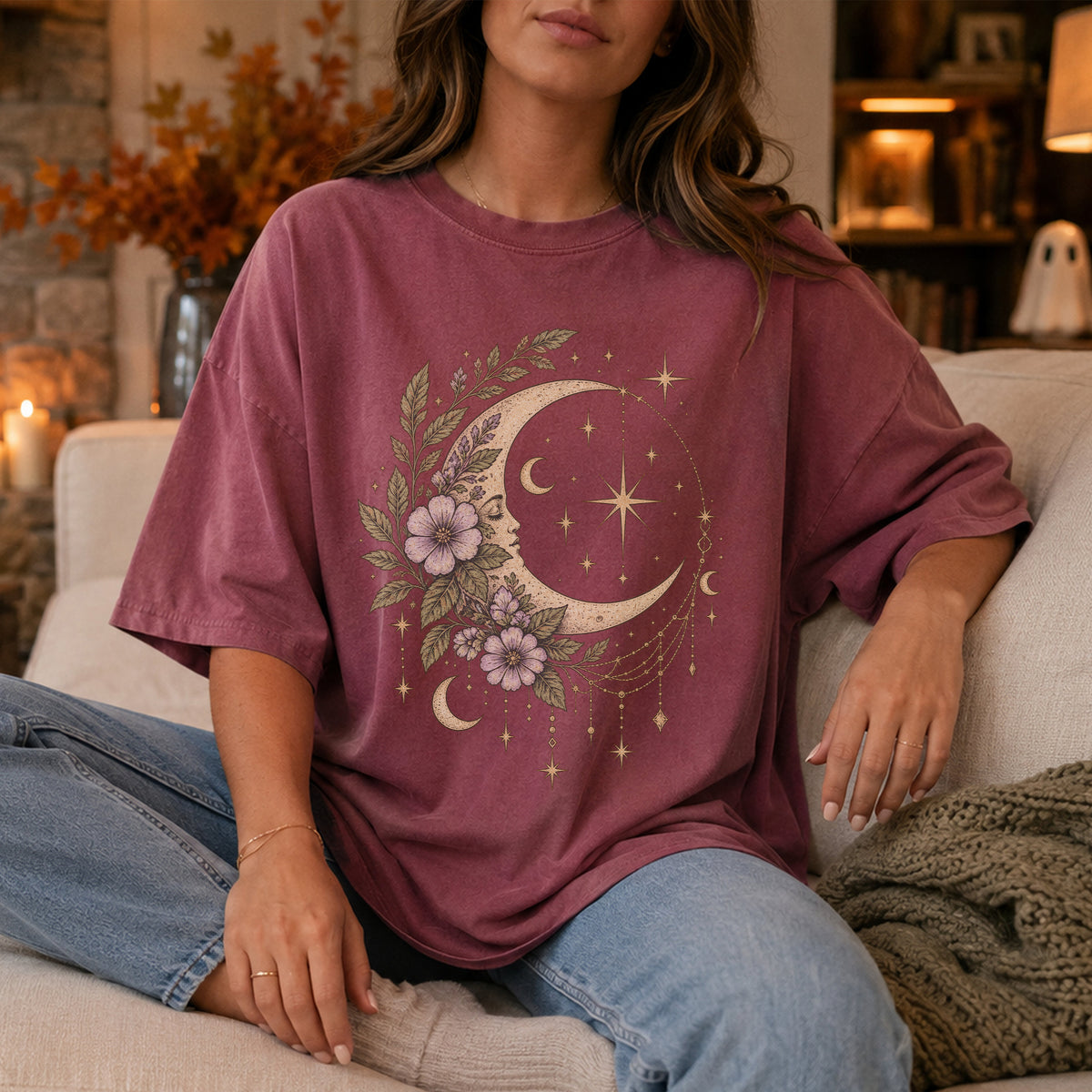 Vintage Night Sky Floral Crescent Moon Unisex T-Shirt