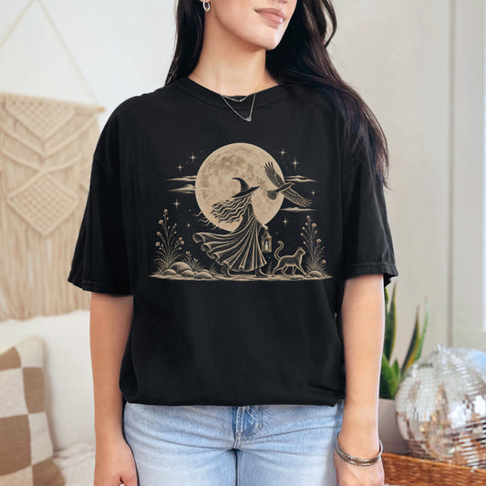 Mystical Moon Witch T-Shirt | Vintage Celestial Spiritual Feminist Tee