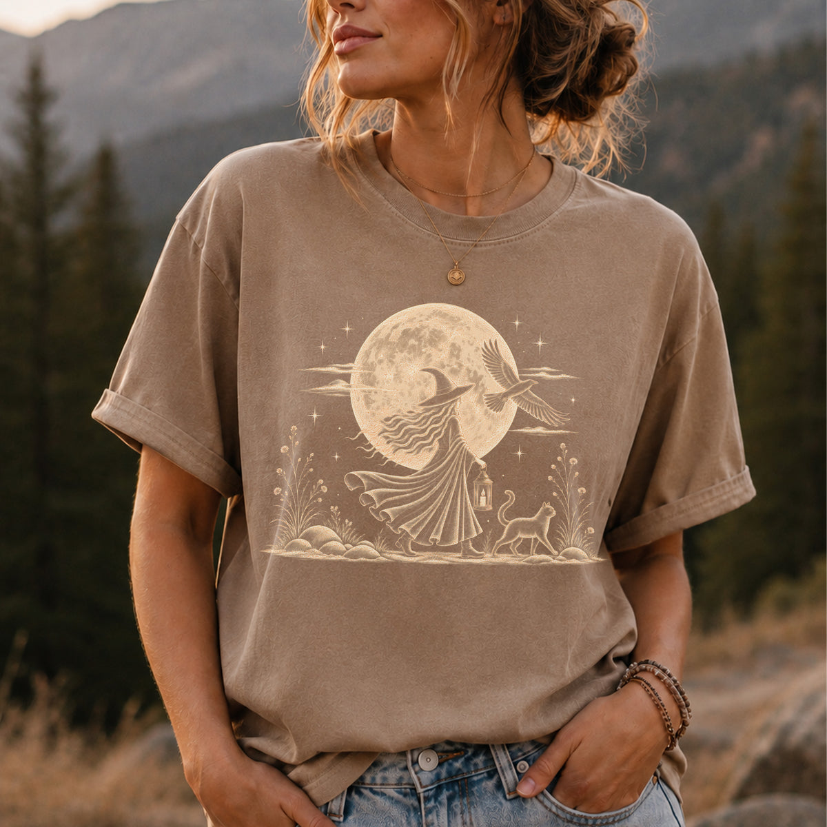 Mystical Moon Witch T-Shirt | Vintage Celestial Spiritual Feminist Tee