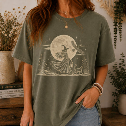 Mystical Moon Witch T-Shirt | Vintage Celestial Spiritual Feminist Tee