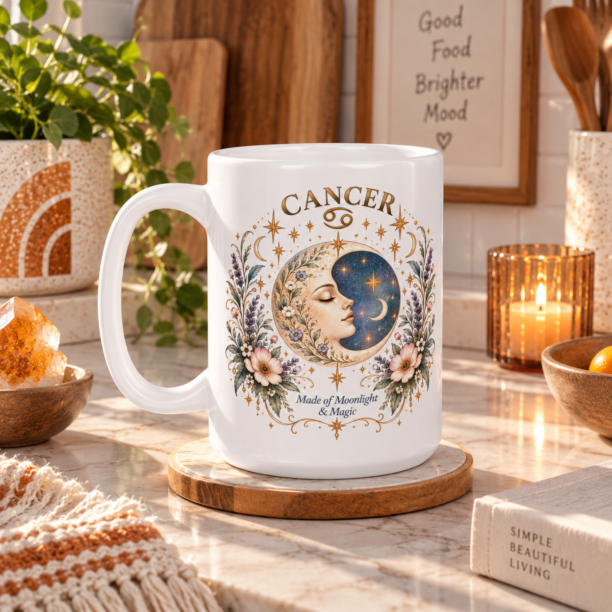 Cancer Zodiac Mug 11oz and 15oz | Celestial Moon Floral Coffee Cup