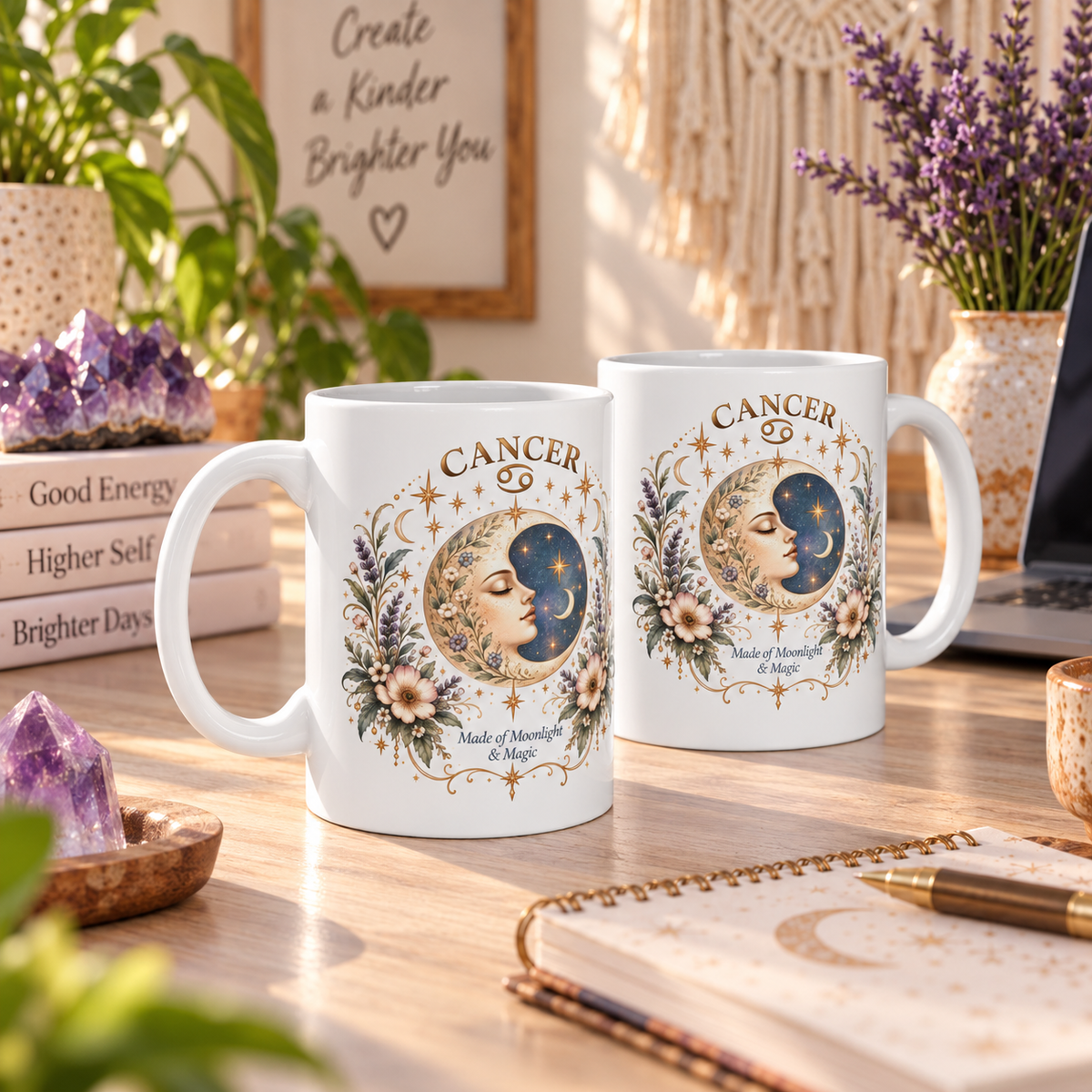 Cancer Zodiac Mug 11oz and 15oz | Celestial Moon Floral Coffee Cup