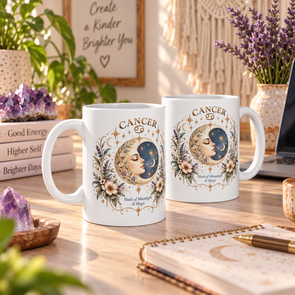 Cancer Zodiac Mug 11oz and 15oz | Celestial Moon Floral Coffee Cup