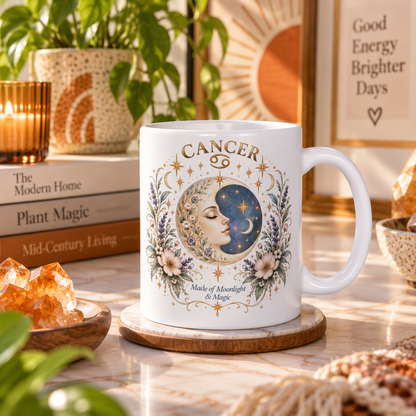 Cancer Zodiac Mug 11oz and 15oz | Celestial Moon Floral Coffee Cup