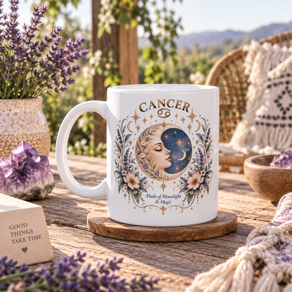 Cancer Zodiac Mug 11oz and 15oz | Celestial Moon Floral Coffee Cup