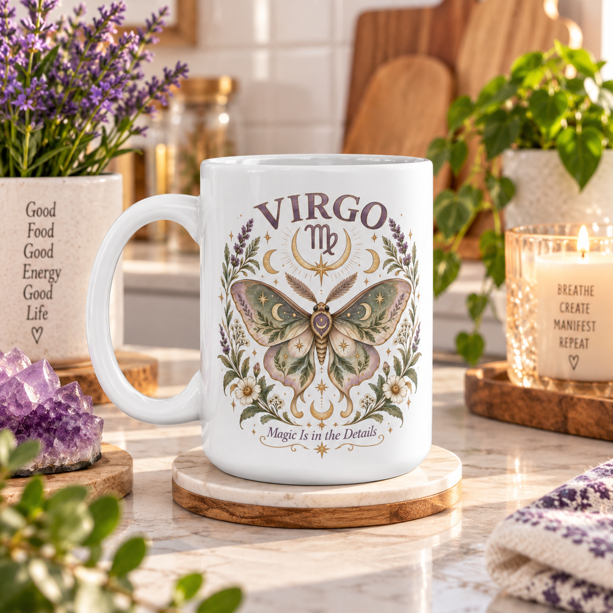 Celestial Moth Coffee Cup 11oz and 15oz | Virgo Zodiac Mug Gift