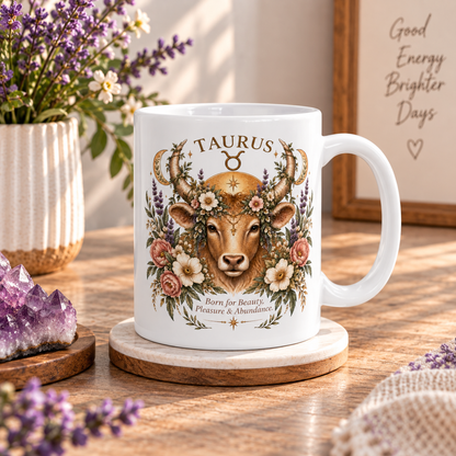 Taurus Floral Bull Zodiac Coffee Mug 11oz and 15oz | Whimsical Celestial Astrology Mug