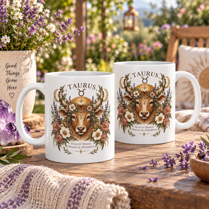Taurus Floral Bull Zodiac Coffee Mug 11oz and 15oz | Whimsical Celestial Astrology Mug