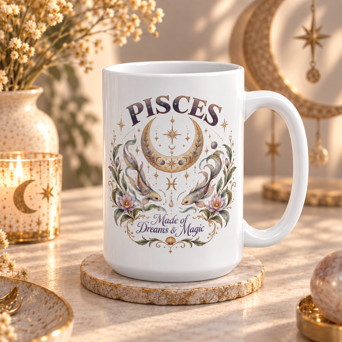 Mystical Pisces Fish And Crescent Moon Coffee Mug