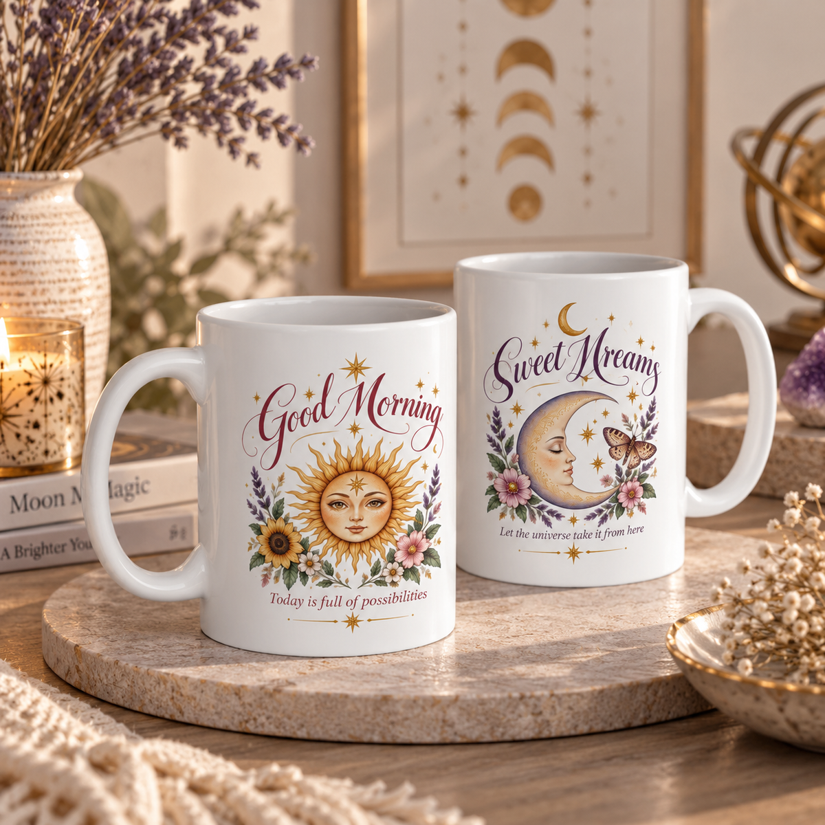 Good Morning And Sweet Dreams Coffee Mug | Celestial Affirmation Mug