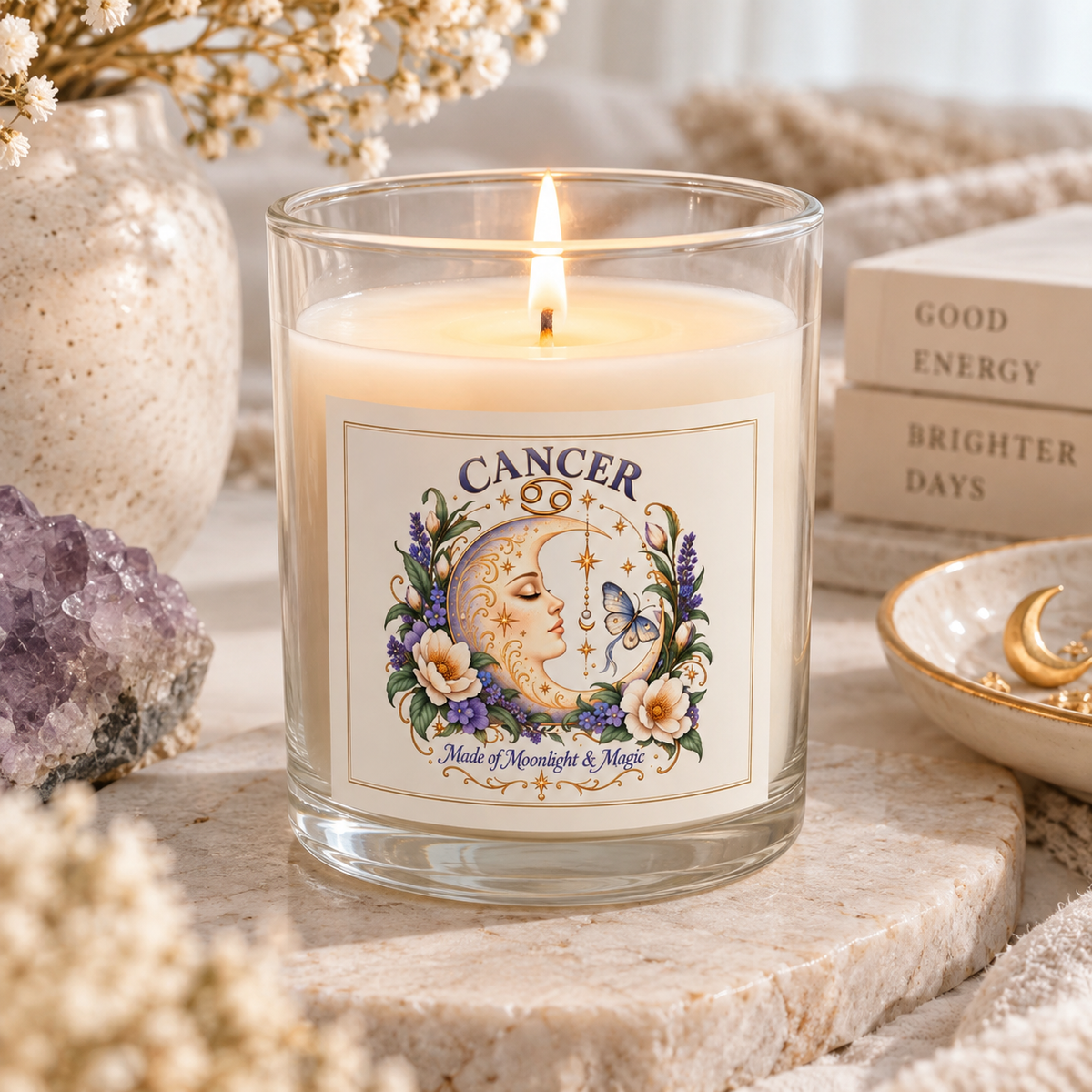 Floral Moonface Cancer Zodiac Astrology Candle 11oz | Celestial Home Decor