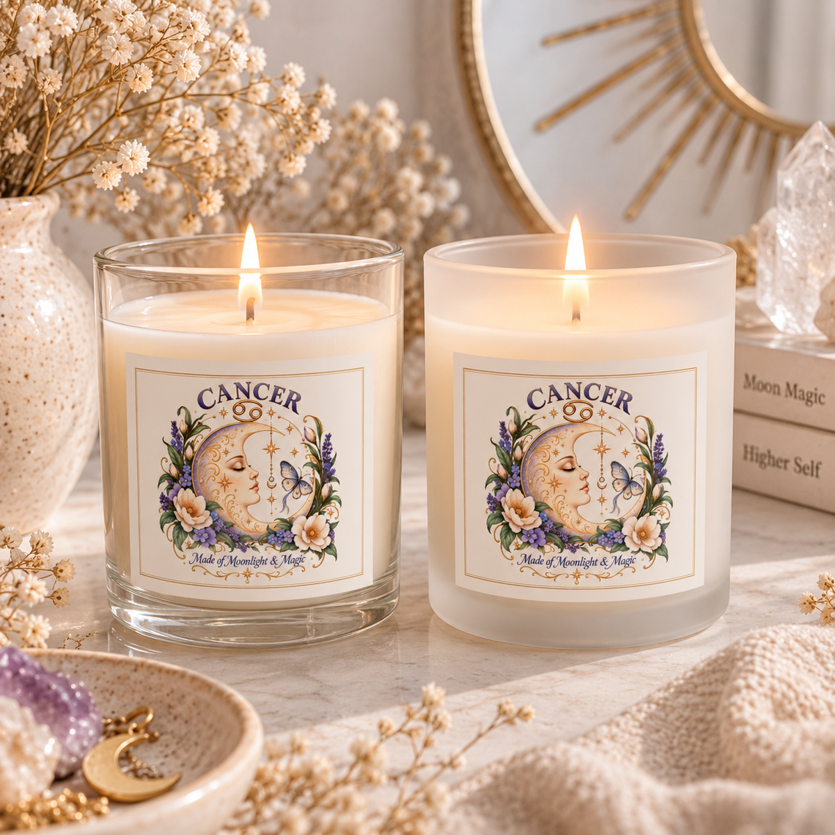 Floral Moonface Cancer Zodiac Astrology Candle 11oz | Celestial Home Decor