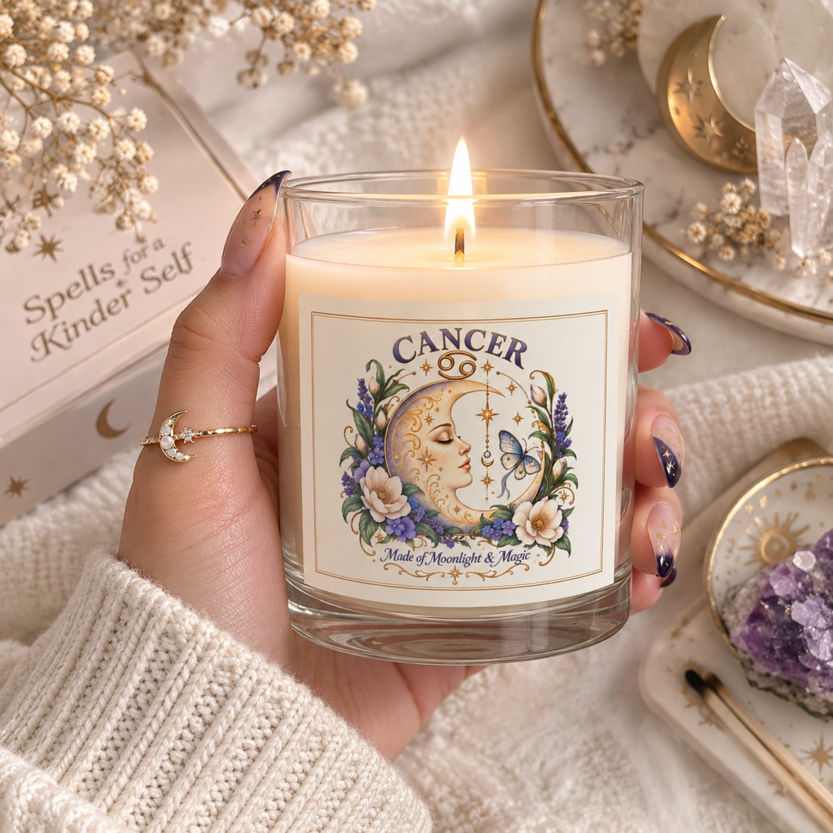 Floral Moonface Cancer Zodiac Astrology Candle 11oz | Celestial Home Decor