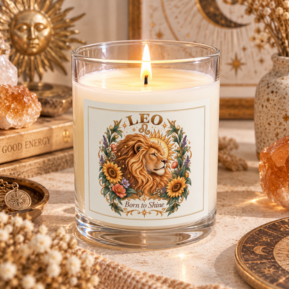 Majestic Lion Leo Zodiac Glass and Frosted Candle 11oz with Sunflowers & Celestial Florals
