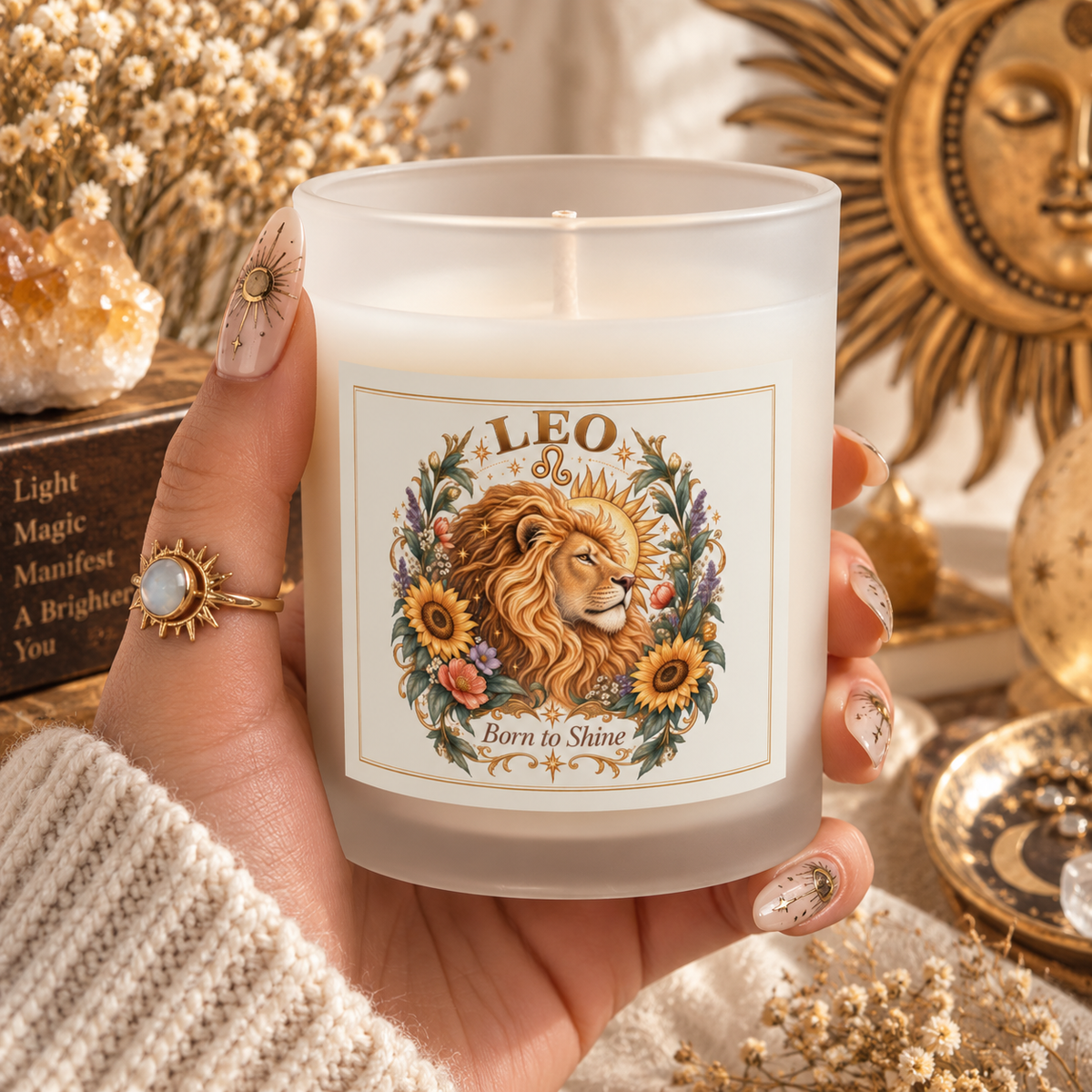 Majestic Lion Leo Zodiac Glass and Frosted Candle 11oz with Sunflowers & Celestial Florals