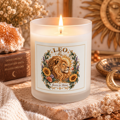 Majestic Lion Leo Zodiac Glass and Frosted Candle 11oz with Sunflowers & Celestial Florals