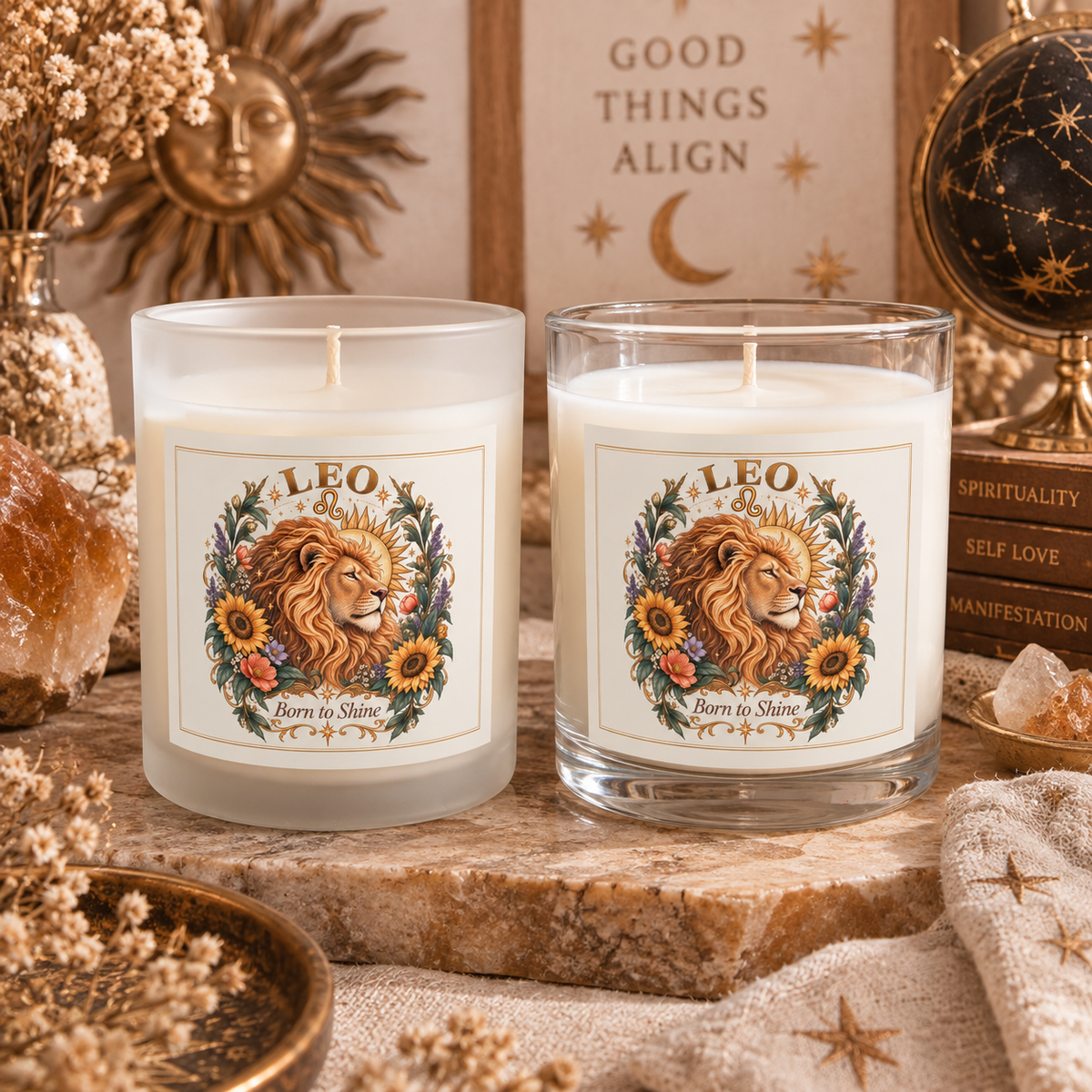 Majestic Lion Leo Zodiac Glass and Frosted Candle 11oz with Sunflowers & Celestial Florals
