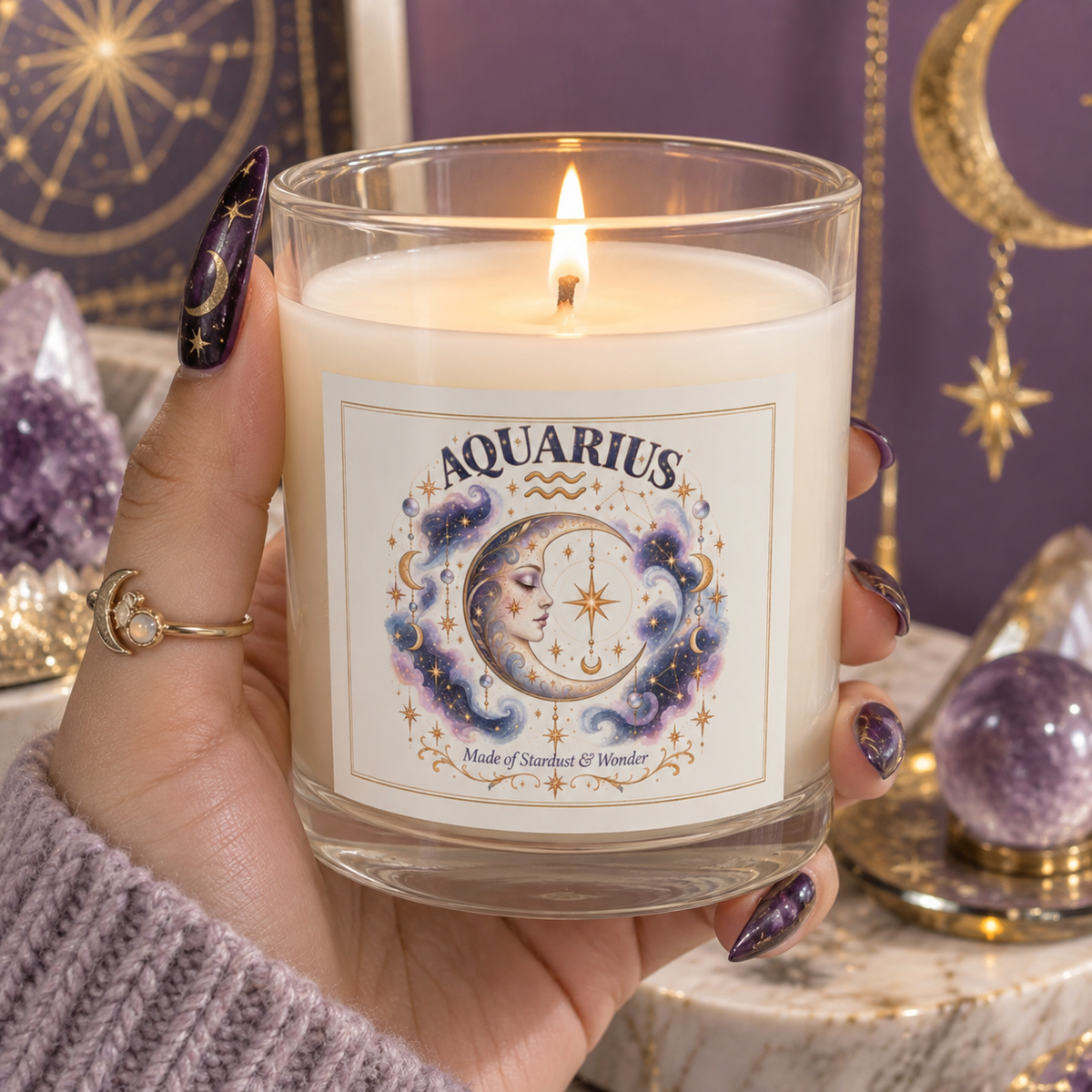 Cosmic Aquarius Zodiac Moon Astrology Celestial Aquarius Scented & Unscented Candle 11oz