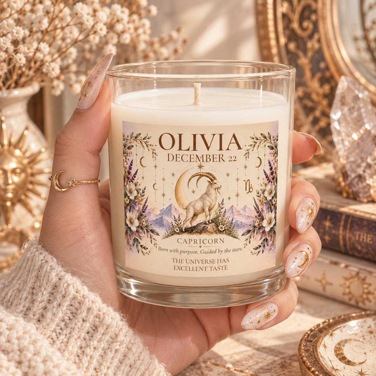 Personalized Boho Celestial Capricorn Ram Candle 11oz