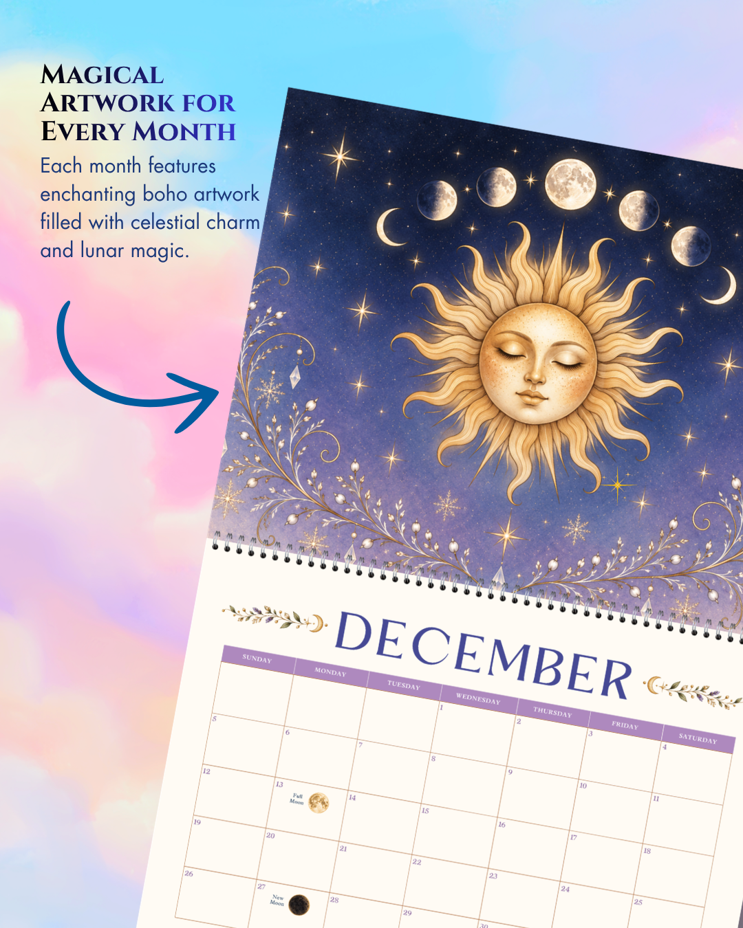 2027 Mystical Celestial Dreams -  Sun and Moon Wall Art Calendar