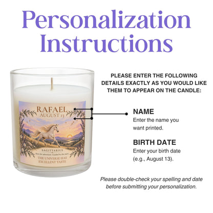 Personalized Sagittarius Astrology Candle with Name and Birth Date
