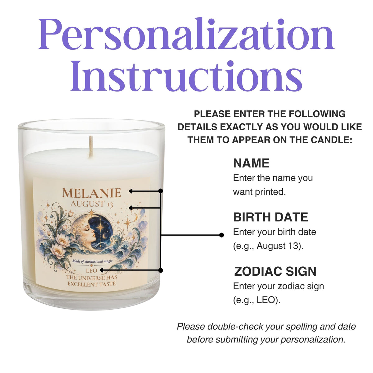 Personalized Zodiac Sign Candle with Birth Date and Name