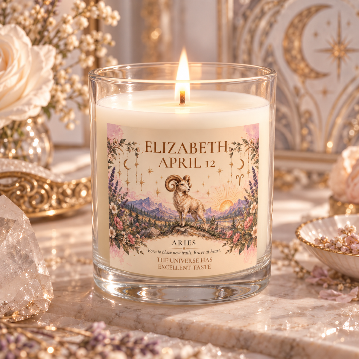 Personalized Aries Zodiac Candle | Whimsical Floral Ram Astrology Gift