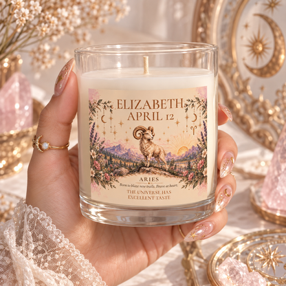 Personalized Aries Zodiac Candle | Whimsical Floral Ram Astrology Gift