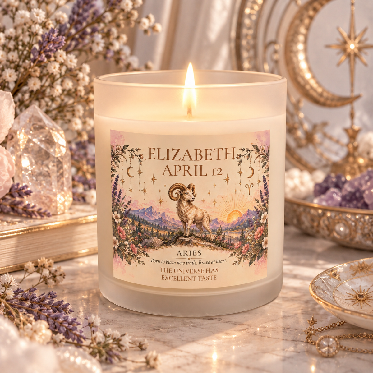Personalized Aries Zodiac Candle | Whimsical Floral Ram Astrology Gift