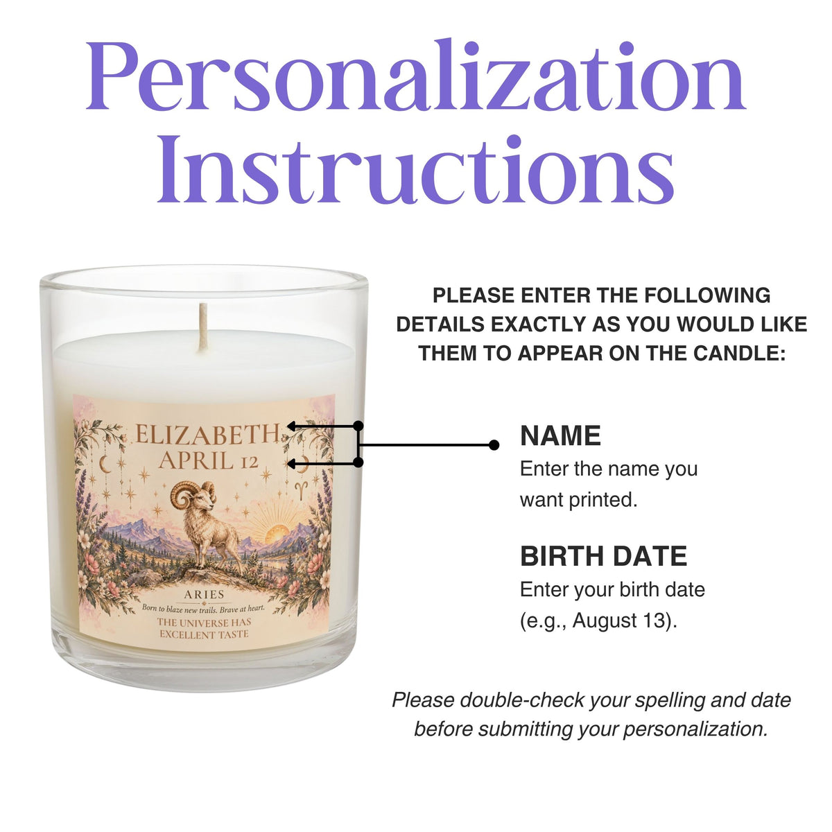 Personalized Aries Zodiac Candle | Whimsical Floral Ram Astrology Gift