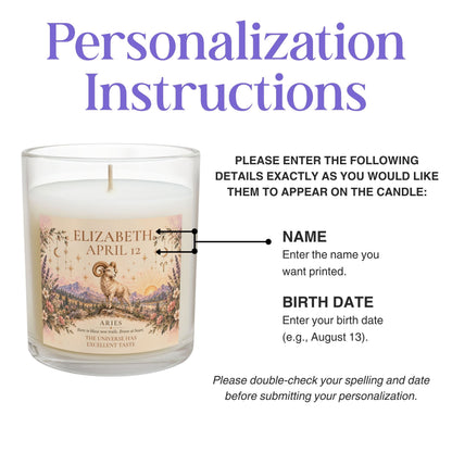 Personalized Aries Zodiac Candle | Whimsical Floral Ram Astrology Gift