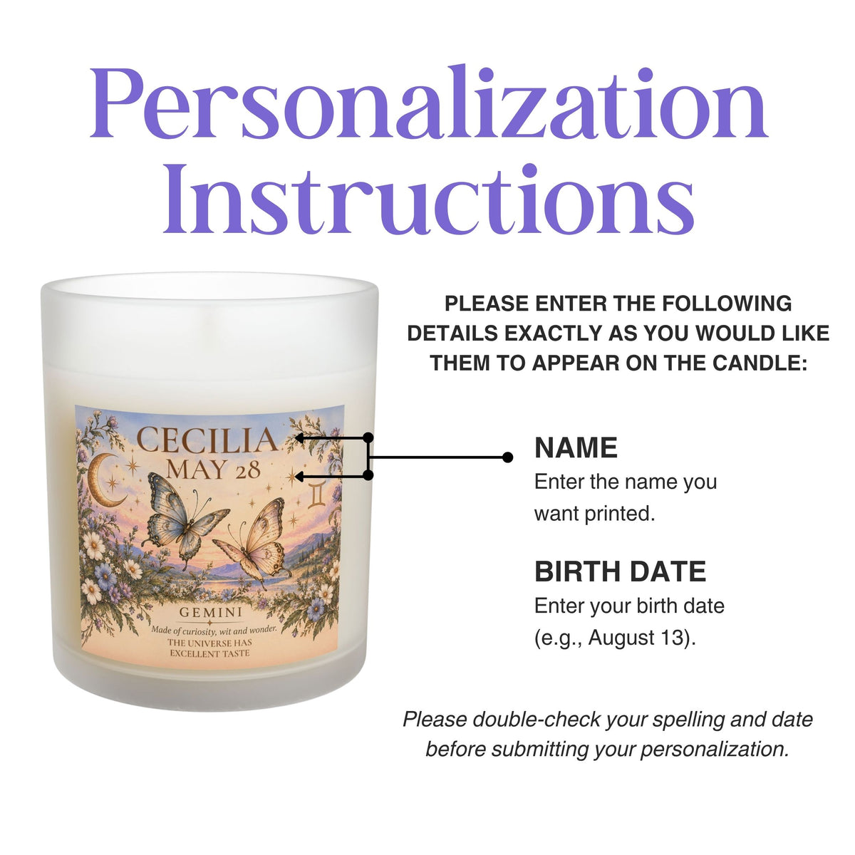 Personalized Gemini Zodiac Candle | Butterfly Astrology Gift