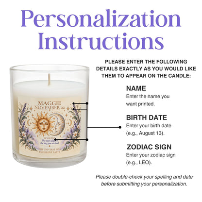 Customized Name Birthdate Zodiac Sign Sun Moon Candle | Birthday Candle Astrology Gifts