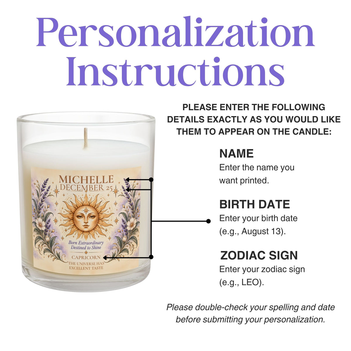 Customized Zodiac Sign Candle with Name Birthdate Sign