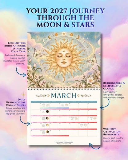 2027 Mystical Sun Boho Astrology Wall Calendar