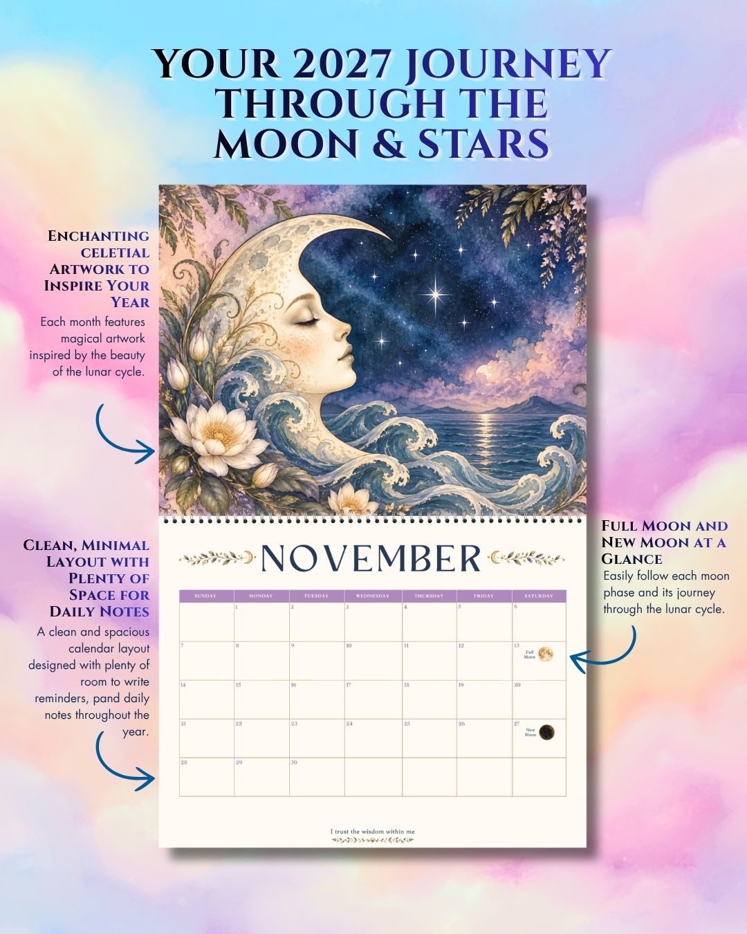 2027 Mystical Celestial Dreams -  Sun and Moon Wall Art Calendar