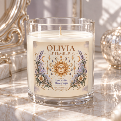Personalized Whimsical Astrology Candle with Name, Zodiac Sign, and Birthdate