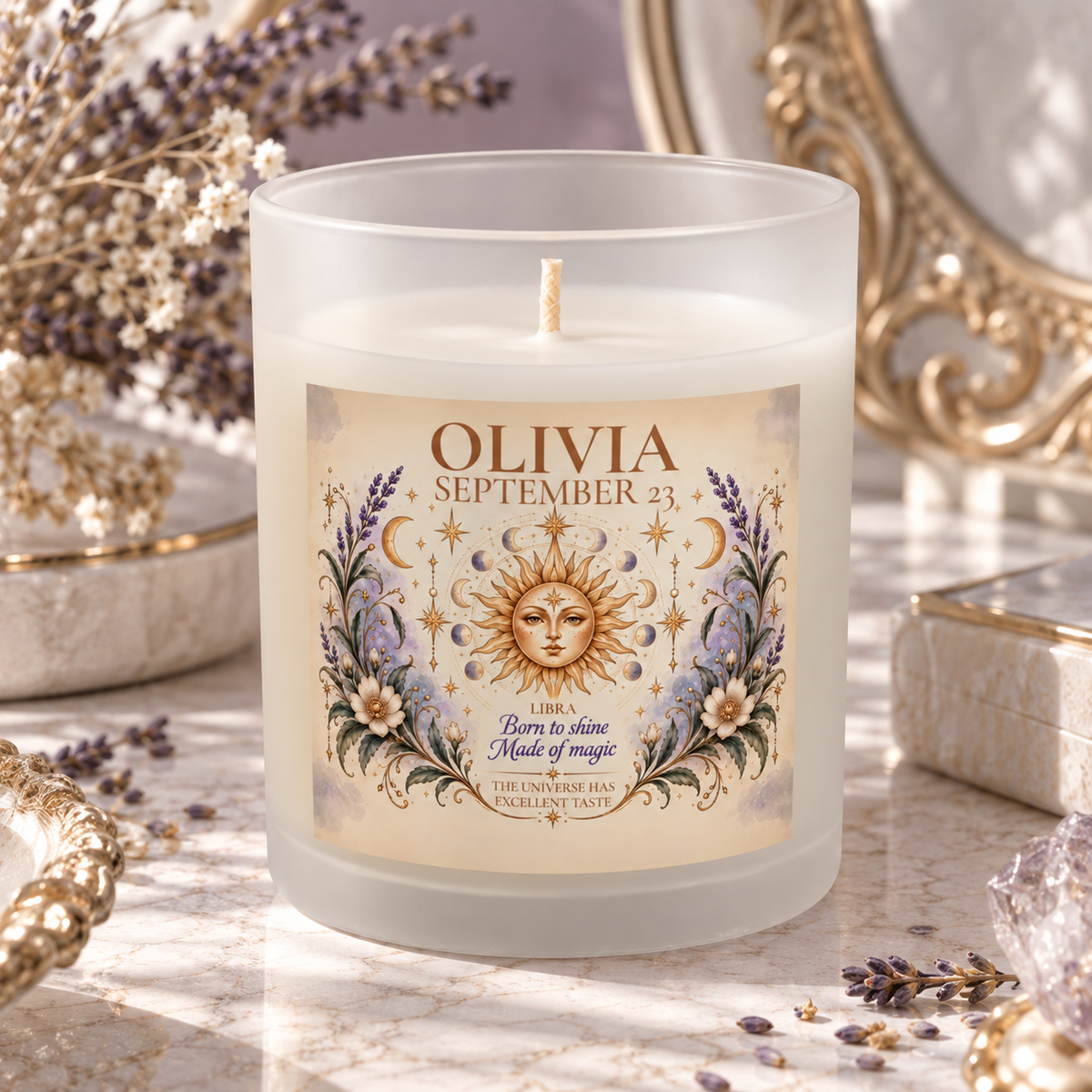 Personalized Whimsical Astrology Candle with Name, Zodiac Sign, and Birthdate