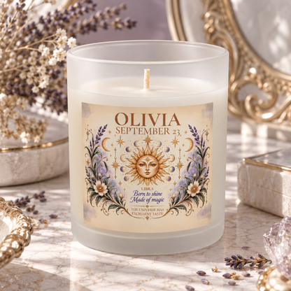 Personalized Whimsical Astrology Candle with Name, Zodiac Sign, and Birthdate