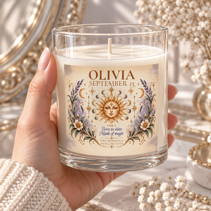 Personalized Whimsical Astrology Candle with Name, Zodiac Sign, and Birthdate