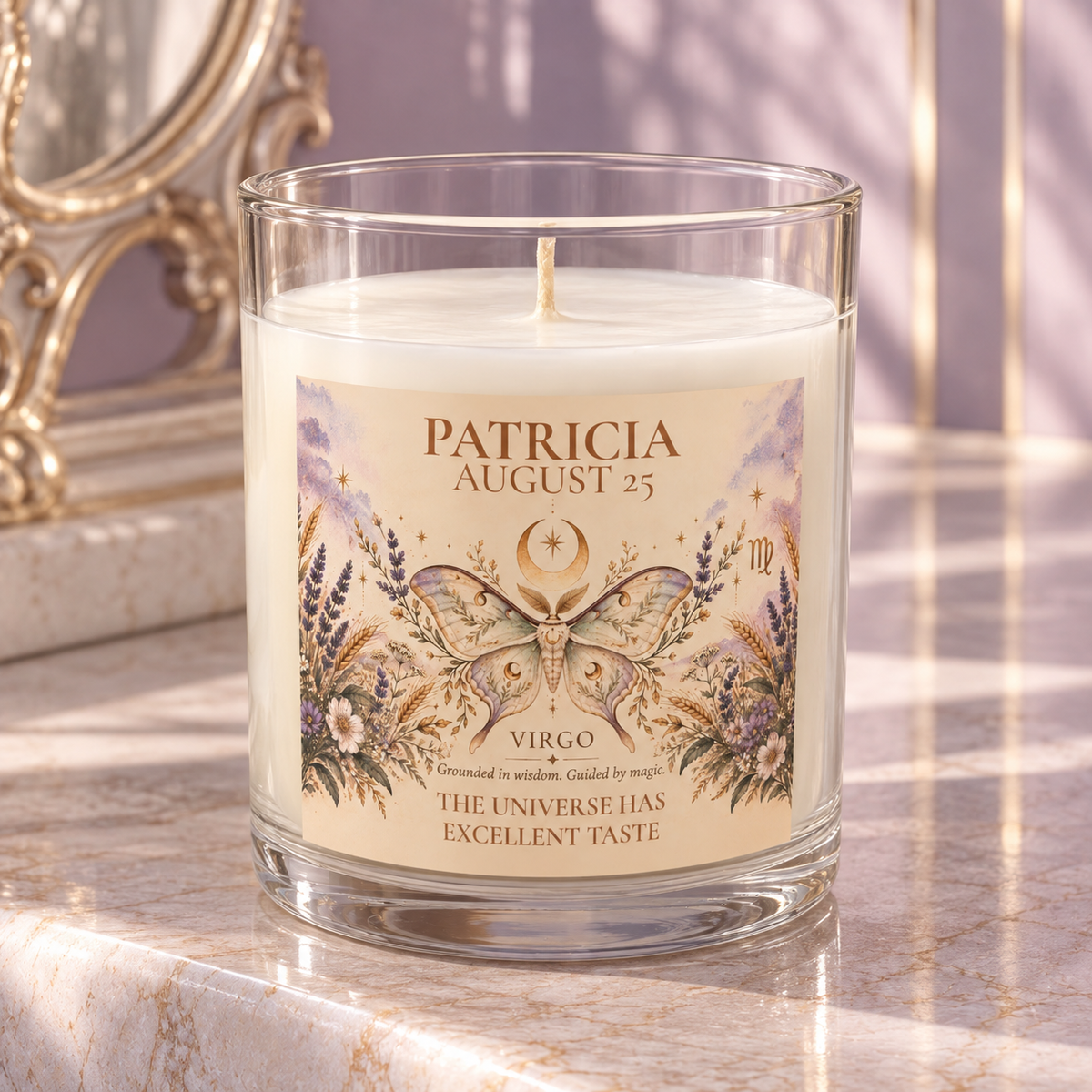 Moth Celestial Candle with Personalized Name and Birthdate