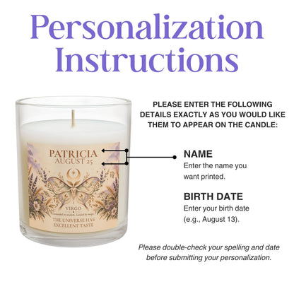 Moth Celestial Candle with Personalized Name and Birthdate