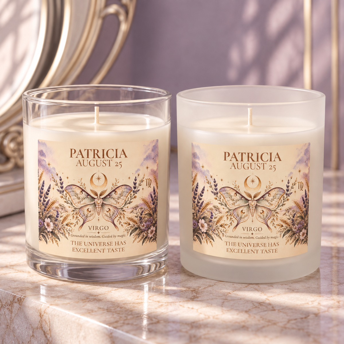 Moth Celestial Candle with Personalized Name and Birthdate