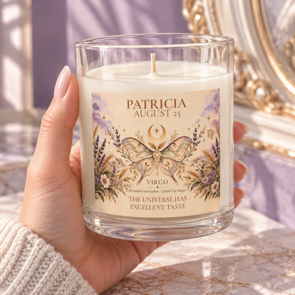 Moth Celestial Candle with Personalized Name and Birthdate