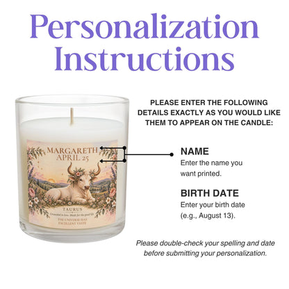 Personalized Taurus Birthday Candle with Name and Birthdate