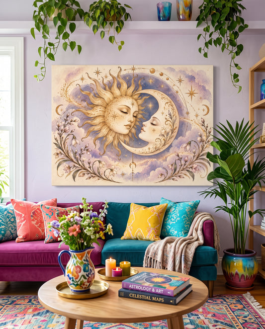 Celestial Lovers Sun and Moon Canvas Print - Art Nouveau Boho Celestial Wall Art