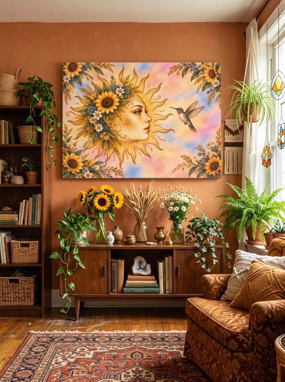 Sunflower Sun Goddess – Boho Celestial Canvas Wall Art