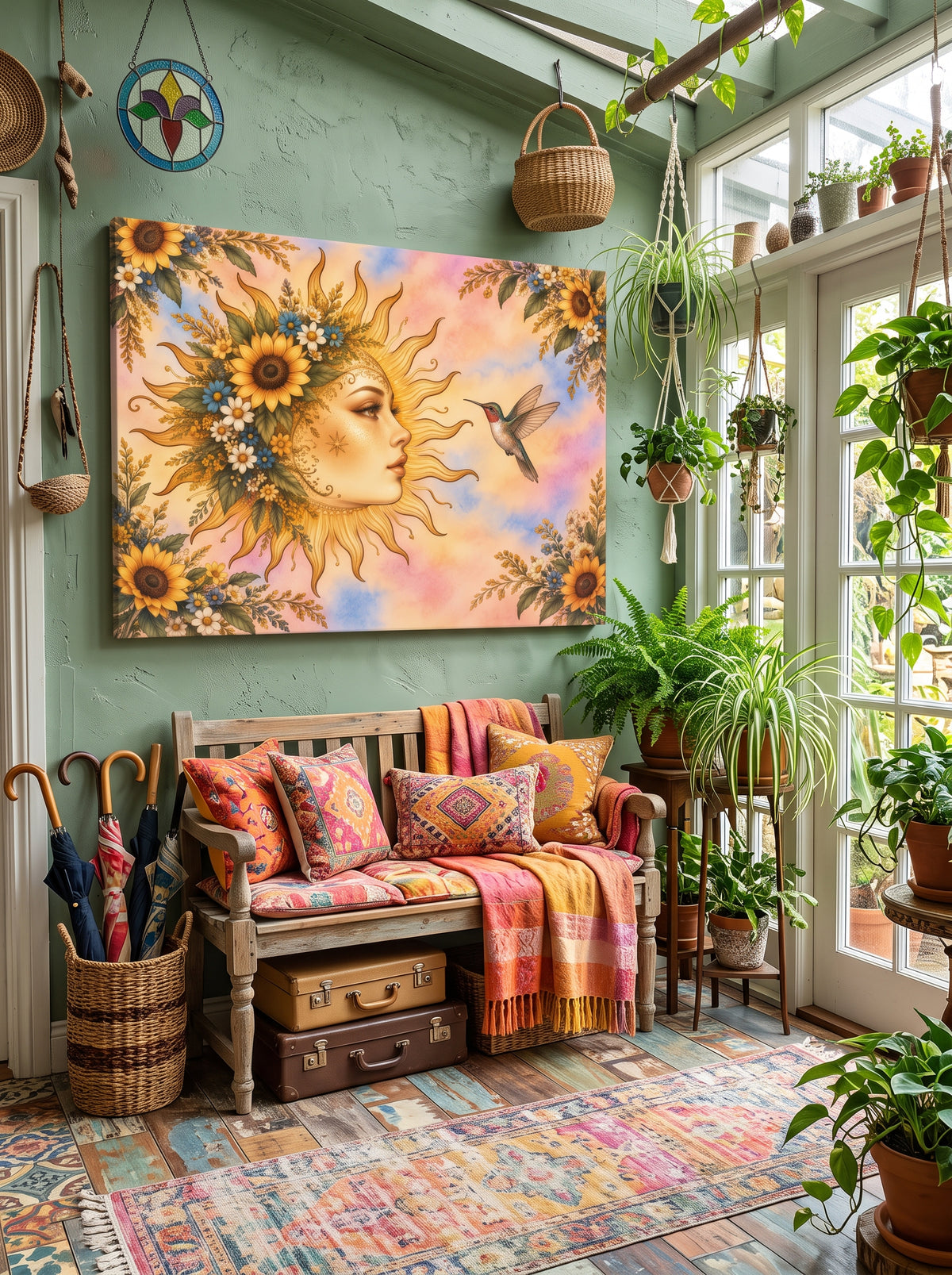 Sunflower Sun Goddess – Boho Celestial Canvas Wall Art