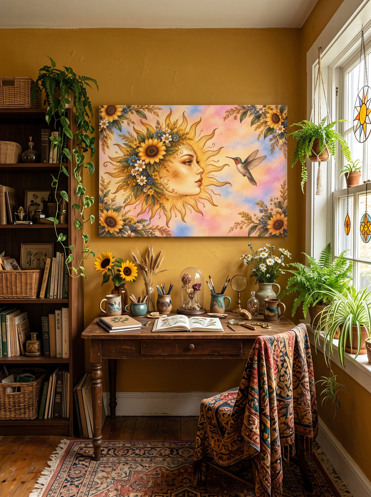 Sunflower Sun Goddess – Boho Celestial Canvas Wall Art
