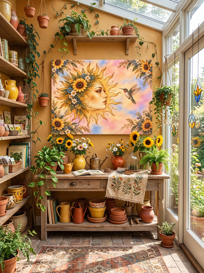 Sunflower Sun Goddess – Boho Celestial Canvas Wall Art